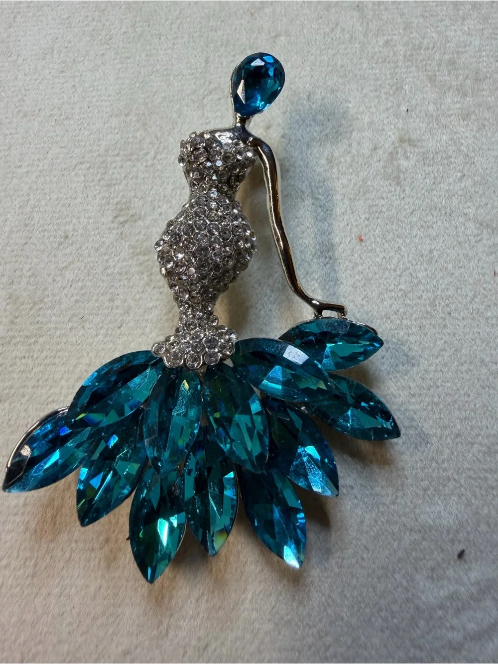 Crystal Embellished Teal Dress Brooch - Women's Jewelry